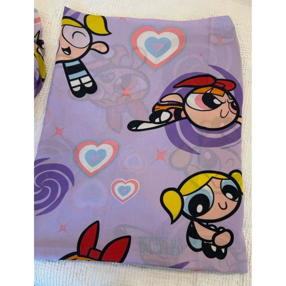 Vtg Y2K Powerpuff Girls Twin Flat & Fitted Sheet Set + 2 Valance Curtains Purple - Picture 3 of 7